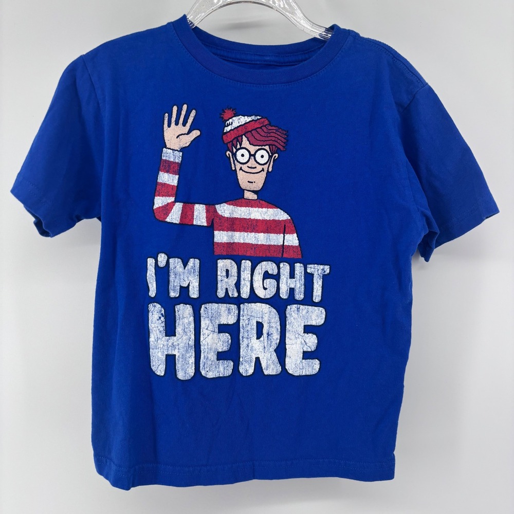 Where's Waldo T Shirt Kids Blue I'm Right Here Book Character Tee M (5/6)